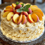 A freshly baked summer peach cake topped with caramelized peach slices, golden and glistening, served on a rustic wooden table.