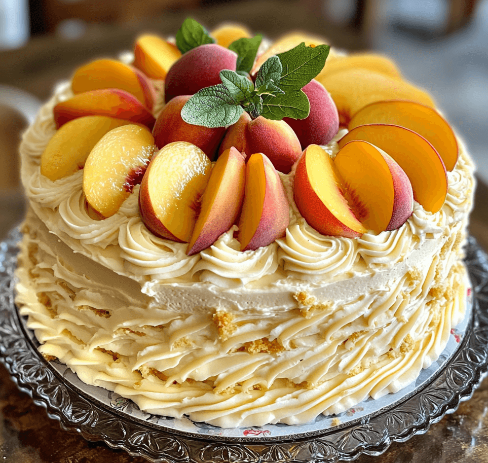 A freshly baked summer peach cake topped with caramelized peach slices, golden and glistening, served on a rustic wooden table.