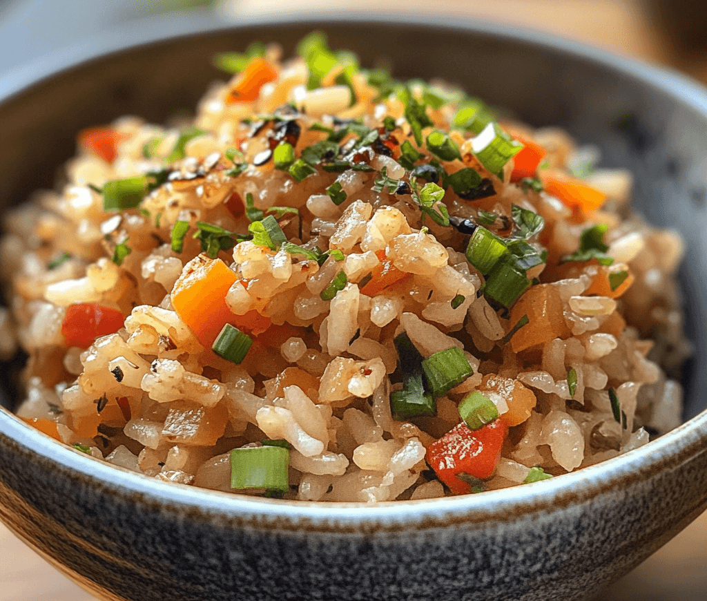 A bowl of rice with a colorful mix of vegetables, including bell peppers, peas, and carrots, garnished with fresh parsley.