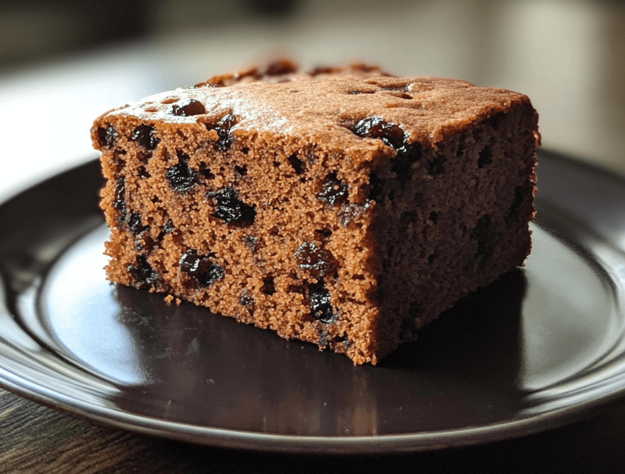 A slice of raisin cake with a golden-brown crust, garnished with powdered sugar and served with a cup of tea.