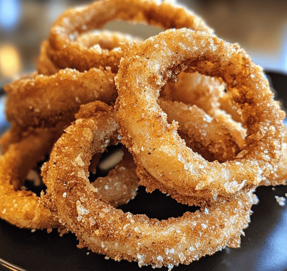 A plate of crispy, golden-brown onion rings, served with a side of dipping sauce.