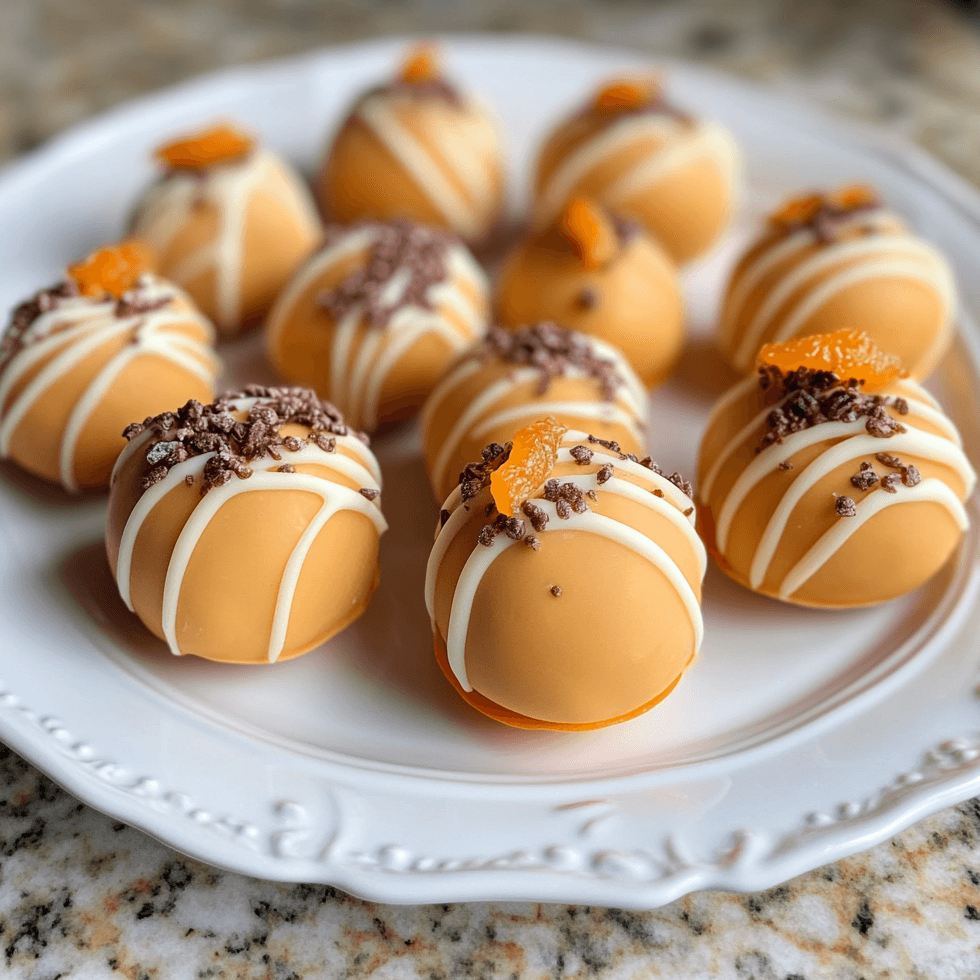 Orange Creamsicle Truffles coated in white chocolate and garnished with orange zest, arranged on a white plate for a vibrant and elegant presentation.