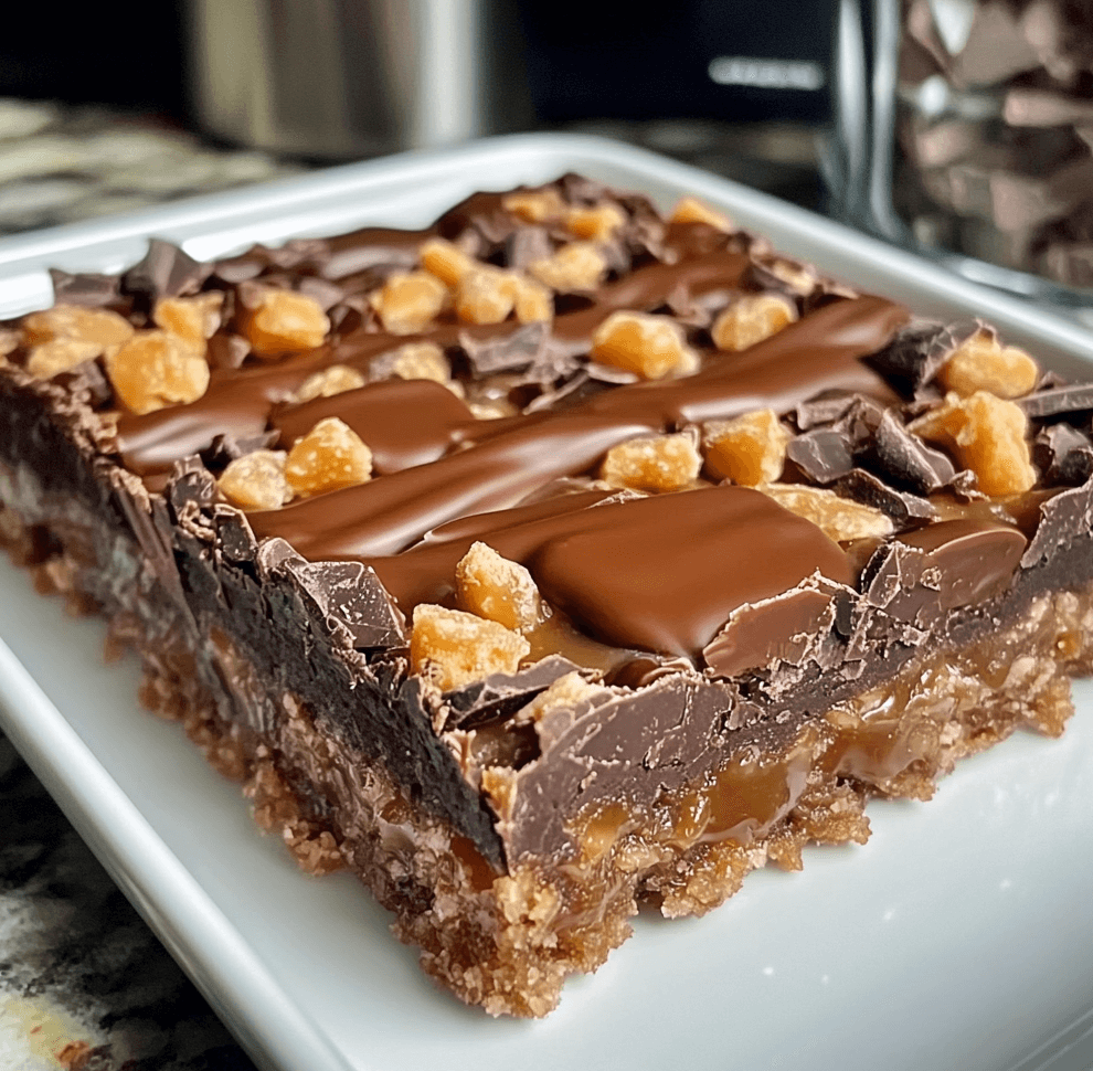 Caramel Chocolate Crunch Bars with a crispy base, gooey caramel layer, and smooth chocolate topping, cut into squares and displayed on a rustic tray.