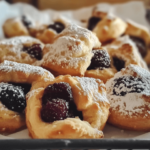 Kolache Cookies filled with colorful fruit preserves, baked to golden perfection and dusted with powdered sugar, arranged on a rustic wooden tray.