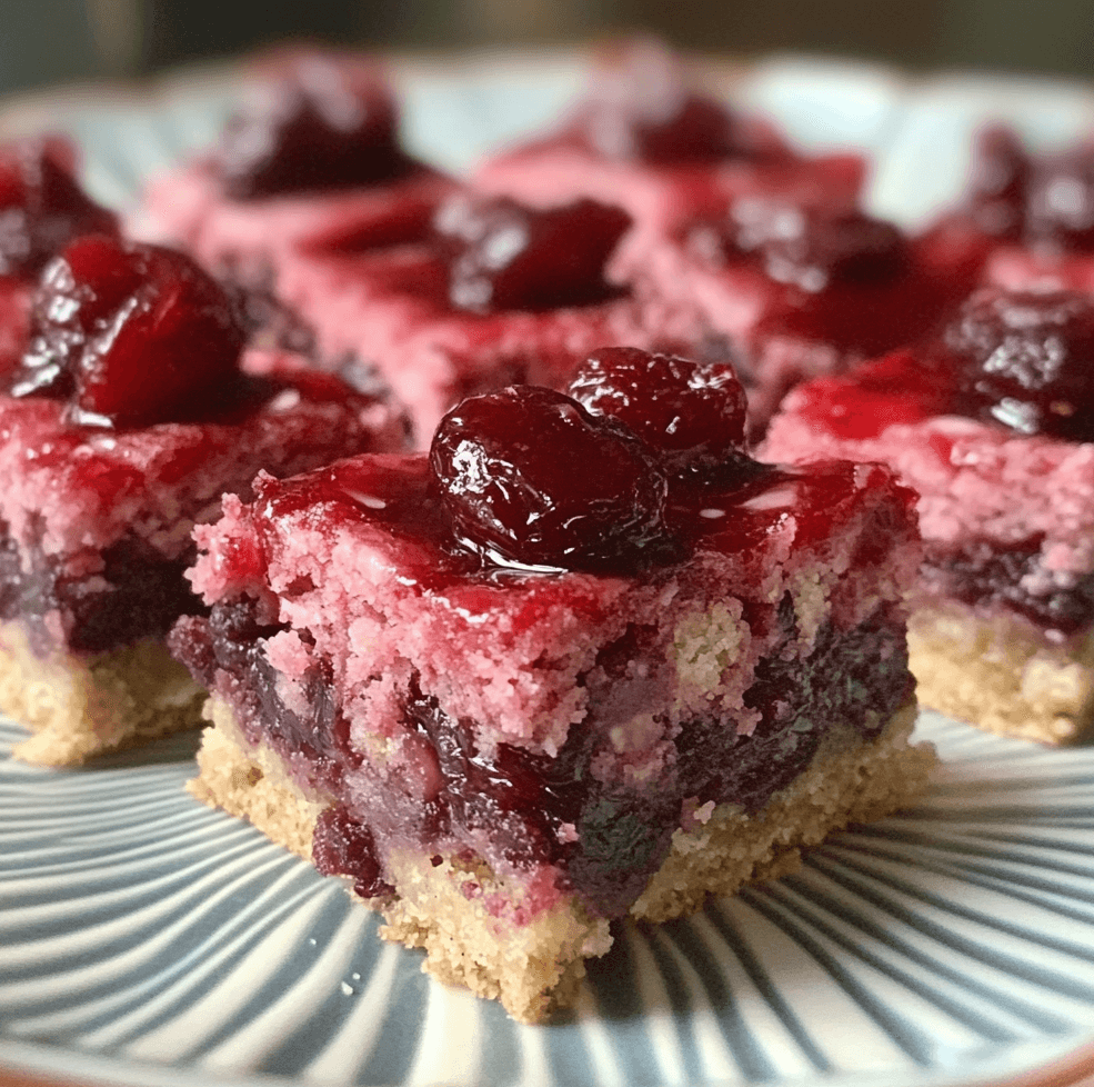 Cherry Mash Bars with a creamy cherry nougat base and a chocolate-peanut topping, cut into squares and arranged on a rustic wooden board.