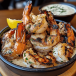 Spicy Garlic Parmesan Grilled Shrimp skewers with a golden char, served with a side of creamy Lemon-Herb Aioli and garnished with fresh parsley and lemon wedges.