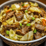 Quick Beef & Cabbage Stir-Fry with tender beef slices, crisp cabbage, and savory sauce, served in a bowl with a sprinkle of sesame seeds and green onions.