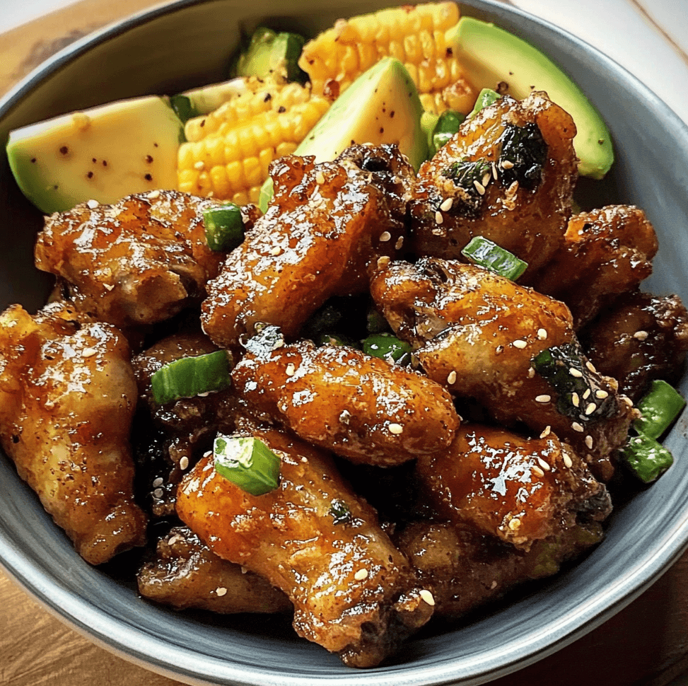 Sticky and Crispy Wings glazed with a shiny, flavorful sauce, arranged on a platter with fresh herbs and a side of dipping sauce for serving.