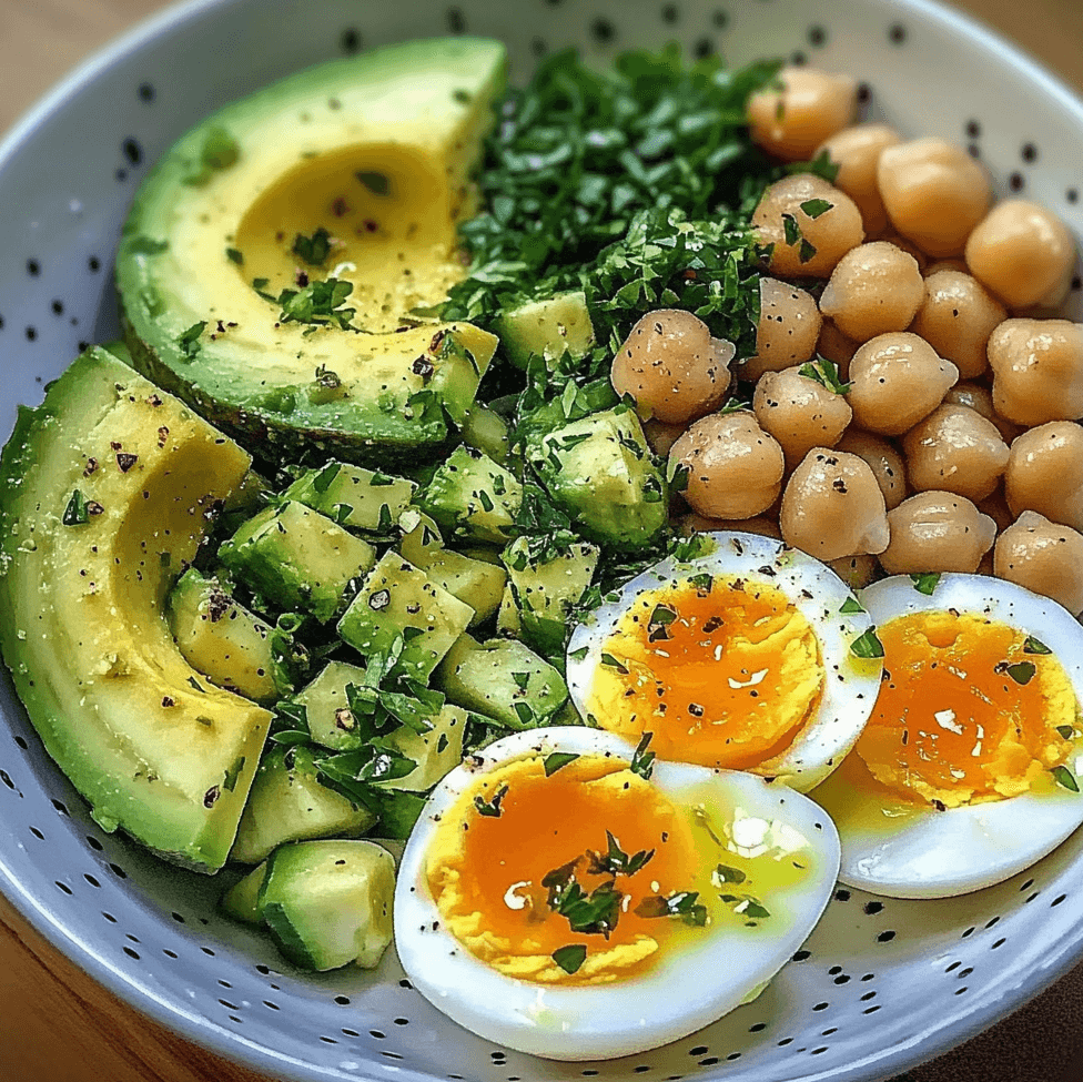 Avocado, Egg, and Chickpea Salad with creamy avocado slices, hard-boiled eggs, and chickpeas, drizzled with lemon-herb dressing and garnished with fresh herbs.