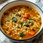 A steaming bowl of Pastina Soup with tiny star-shaped pasta in a golden broth, garnished with grated Parmesan cheese and fresh parsley.