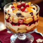 Traditional Trifle Pudding in a glass bowl, showcasing layers of sponge cake, custard, fresh berries, and whipped cream, topped with a sprinkle of nuts and fruit.