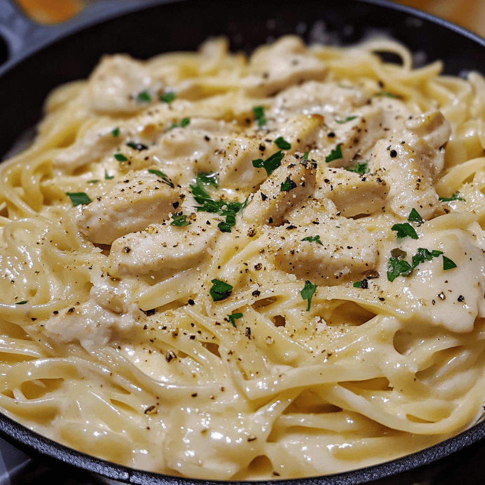 Creamy Chicken Alfredo Pasta with tender fettuccine, rich Alfredo sauce, and sliced grilled chicken, garnished with Parmesan cheese and fresh parsley.