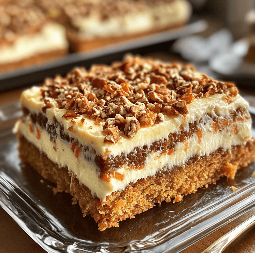 Carrot Cake Tray Bake with moist, spiced cake topped with creamy cream cheese frosting, garnished with chopped walnuts and served on a rustic tray.