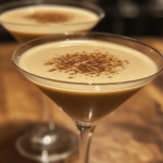 Caramel Brûlée Latte Martini in a martini glass, featuring a creamy espresso cocktail with a caramelized sugar crust and a drizzle of caramel sauce.