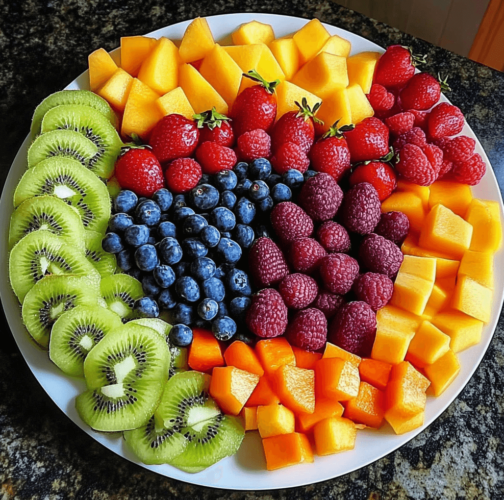 Rainbow Fruit Platter featuring a colorful arrangement of fresh fruits, including strawberries, oranges, pineapple, kiwi, blueberries, and grapes, displayed on a large white platter.