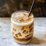 Iced Honey Cinnamon Latte in a glass with ice, topped with a swirl of milk, a drizzle of honey, and a cinnamon stick garnish, resting on a wooden table.