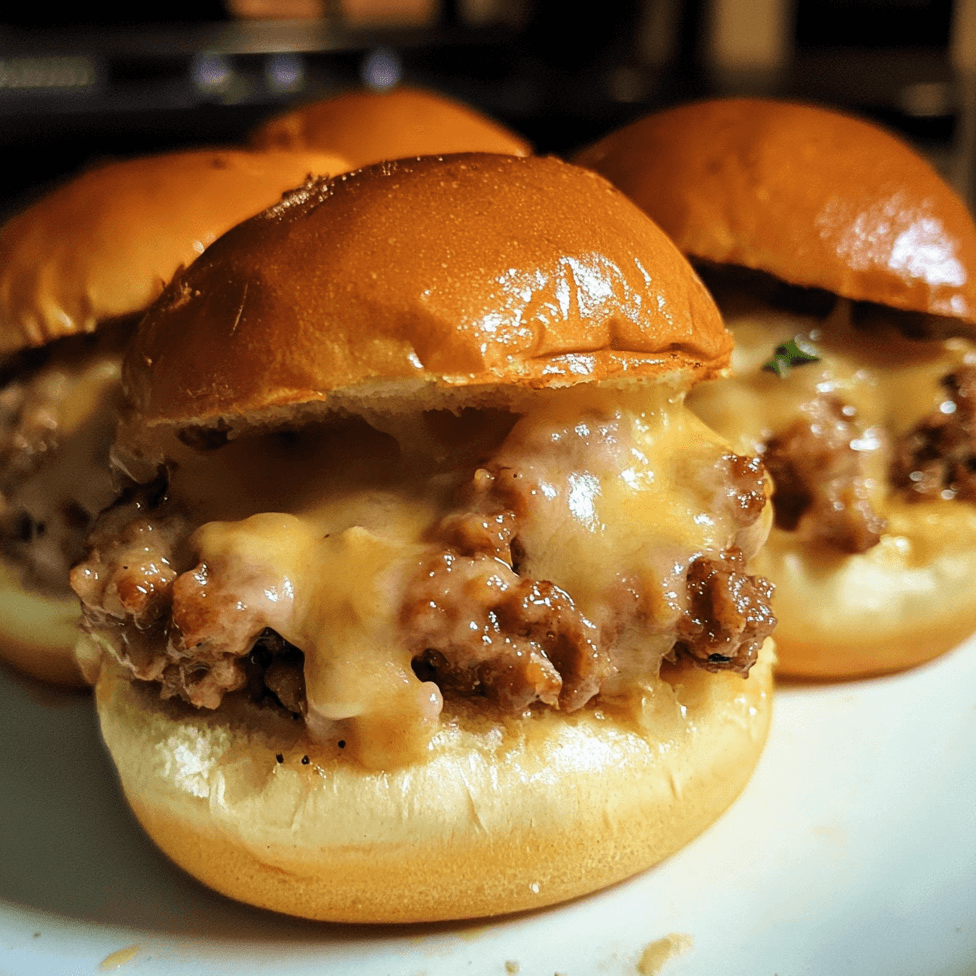 White Trash Sliders featuring pulled pork, melted cheese, and barbecue sauce on slider buns, topped with crispy fried onions and served on a rustic wooden board.