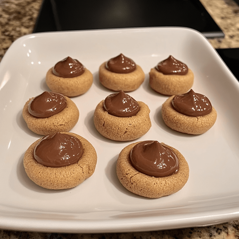 Peanut Butter Blossoms featuring soft peanut butter cookies topped with Hershey’s Kisses, arranged on a rustic baking sheet for a classic, homemade look.