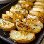 Roasted Garlic Idaho Potatoes, golden and crispy, tossed with roasted garlic and herbs, served in a rustic ceramic bowl for a cozy presentation.