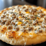 Biscuits and Sausage Gravy Breakfast Pizza with a flaky biscuit crust, topped with creamy sausage gravy, scrambled eggs, melted cheese, and green onions, served on a cutting board.