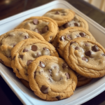 Heavenly Chocolate Chip Cookies with golden edges, soft centers, and gooey chocolate chips, stacked on a plate with a glass of milk in the background.