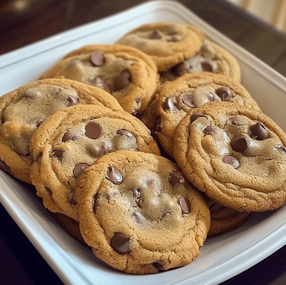 Heavenly Chocolate Chip Cookies with golden edges, soft centers, and gooey chocolate chips, stacked on a plate with a glass of milk in the background.