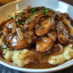 Bangers and Mash with Stout and Onion Gravy featuring juicy sausages, creamy mashed potatoes, and a rich, dark gravy, garnished with fresh parsley on a rustic plate.