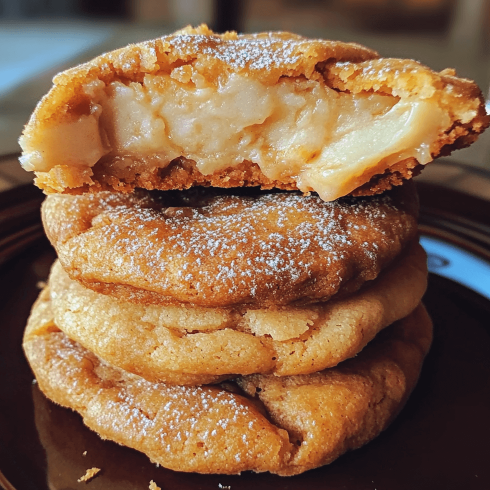 Sweet Potato Pie Cheesecake Cookies with spiced sweet potato cookie bases and creamy cheesecake centers, dusted with powdered sugar and garnished with a cinnamon stick.