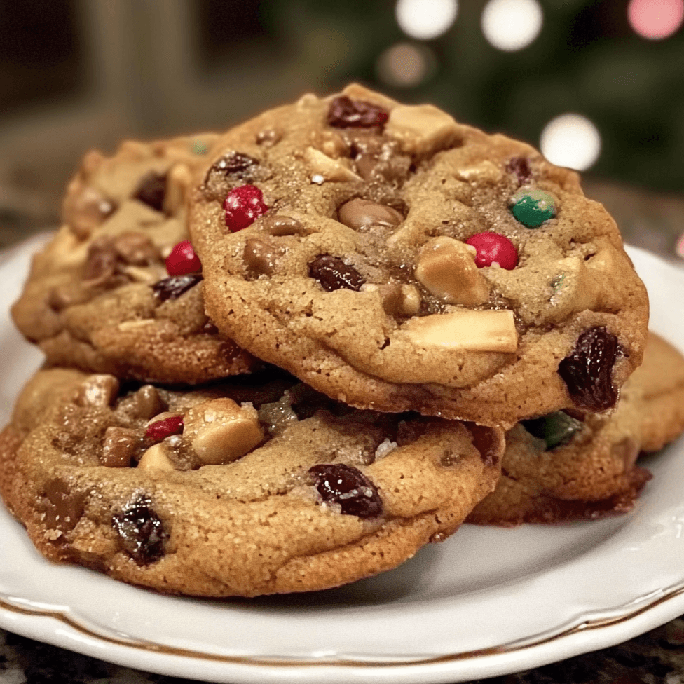 Decadent Chewy Fruitcake Cookies filled with dried fruits and nuts, baked to golden perfection and arranged on a rustic wooden tray for a festive presentation.