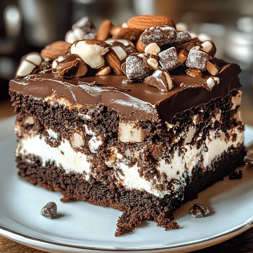 Irresistible Rocky Road Brownie Cake with a fudgy brownie base, toasted marshmallows, chopped nuts, and a glossy chocolate ganache drizzle, served on a cake stand.