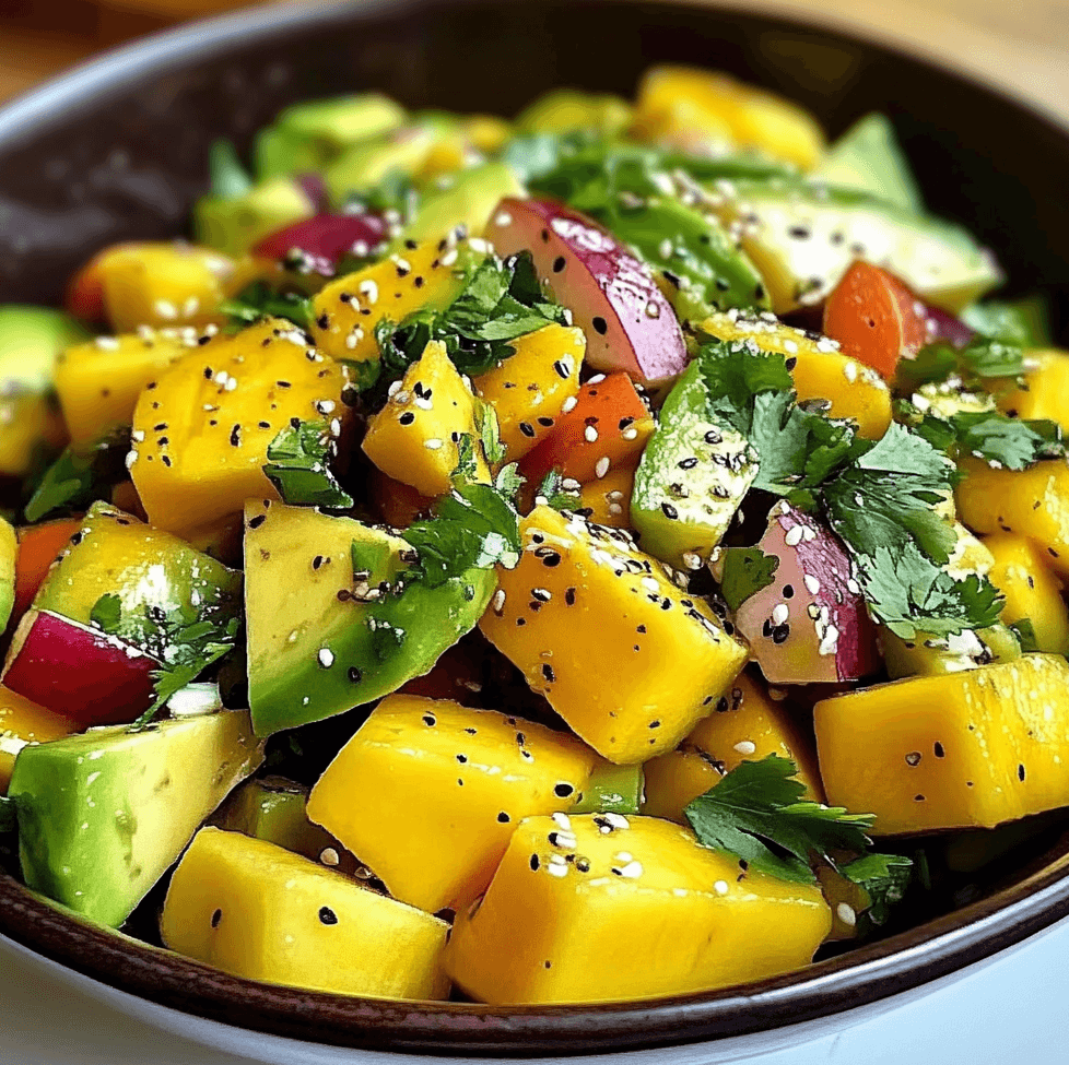 Avocado Mango Salad with creamy avocado slices, sweet mango chunks, red onions, and fresh cilantro, drizzled with lime dressing in a white bowl.