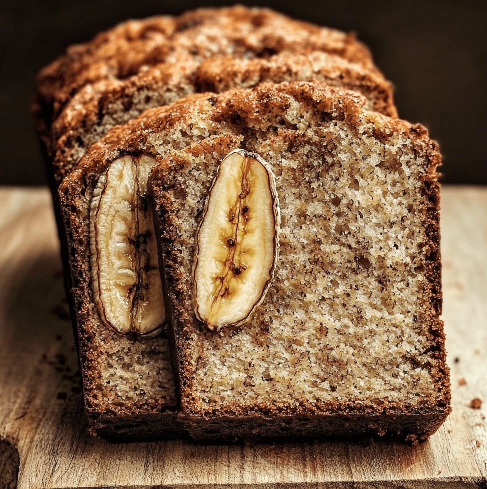 Rich Banana Bread loaf with a golden crust, sliced to reveal a moist interior, topped with banana slices and placed on a wooden cutting board.