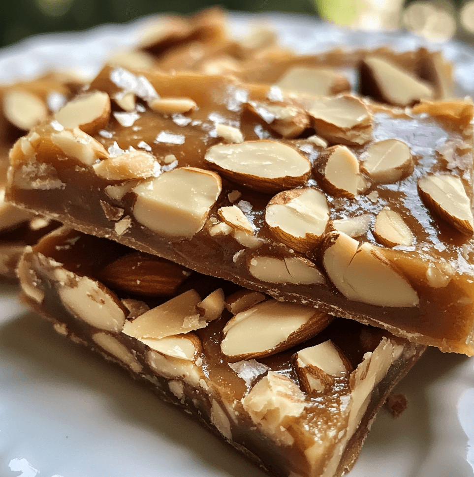 Buttery Toffee with Sliced Almonds, showcasing its golden, crunchy texture and a drizzle of chocolate, arranged on a rustic wooden board.