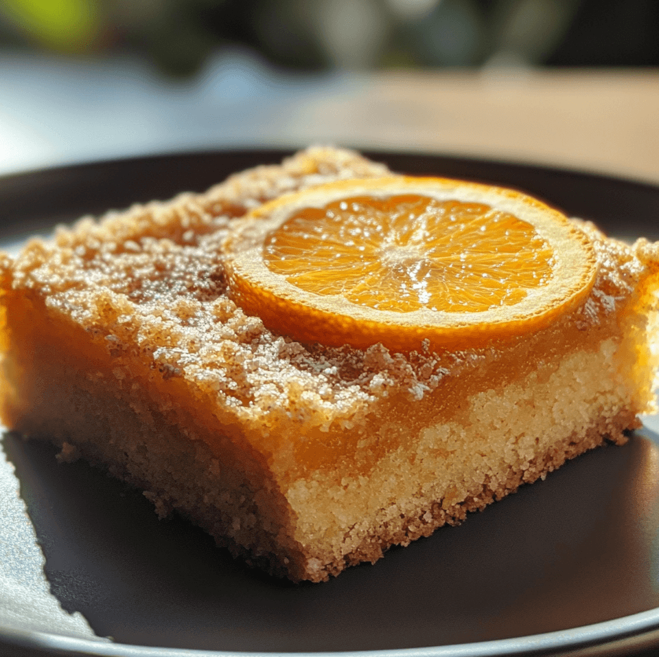 Orange & Almond Coffee Cake with a golden crumb topping, sliced to reveal its moist interior, garnished with orange slices and almond flakes.