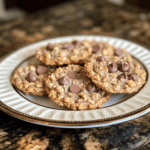 Crispy Oatmeal Chocolate Chip Cookies with Krispies, showcasing their golden-brown edges, gooey chocolate chips, and crispy texture, arranged on a rustic baking tray.