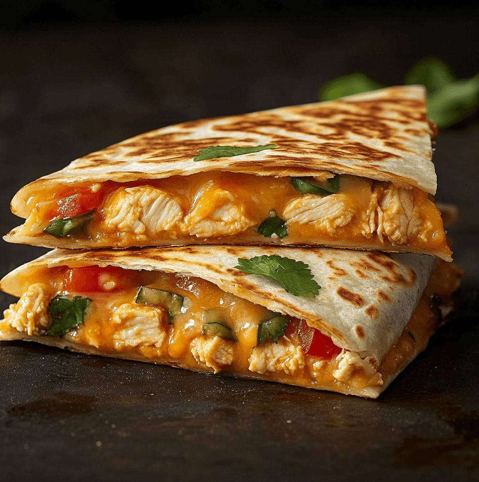 Taco Bell Chicken Quesadilla Copycat, sliced into triangles, showing melted cheese and seasoned chicken filling, with a side of creamy jalapeño sauce for dipping.