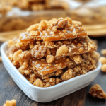 Golden Praline Crunch with caramelized sugar, butter, and toasted pecans, broken into bite-sized pieces, perfect for snacking or dessert toppings.