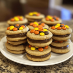 Peanut Butter-Stuffed Mini Cookies with Reese's Pieces, showcasing their golden-brown edges, gooey centers, and colorful candy pieces on a rustic baking sheet.