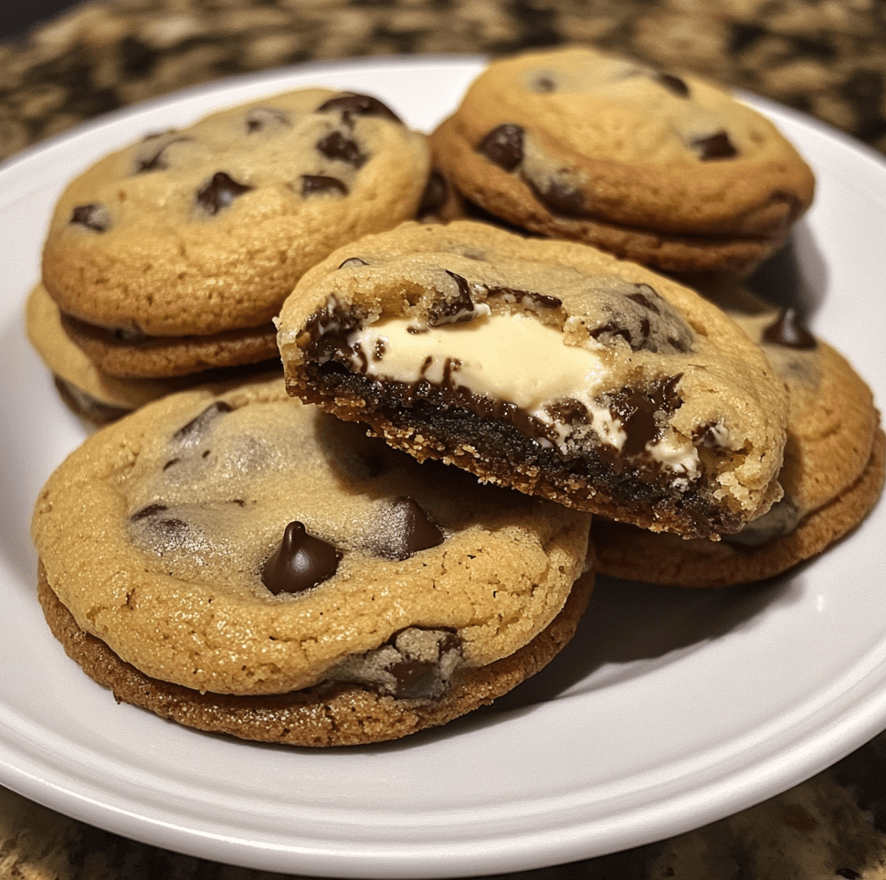 Decadent Cheesecake Chocolate Chip Cookies with a creamy cheesecake swirl and gooey chocolate chips, baked to golden perfection on a rustic baking sheet.