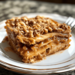 Peanut Pie Lasagna dessert with layers of peanut butter filling, crushed cookies, whipped cream, and chocolate drizzle, served in a glass dish for a stunning presentation.