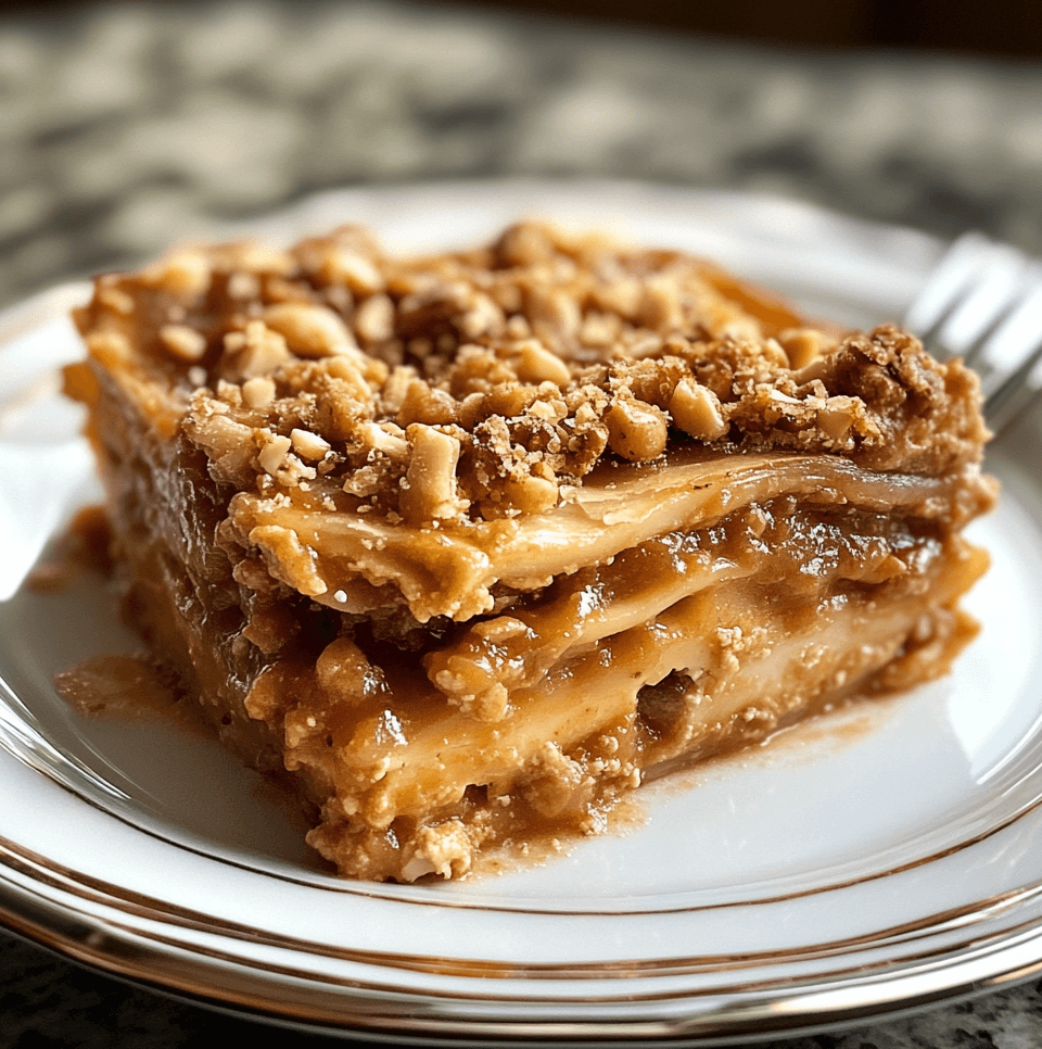 Peanut Pie Lasagna dessert with layers of peanut butter filling, crushed cookies, whipped cream, and chocolate drizzle, served in a glass dish for a stunning presentation.