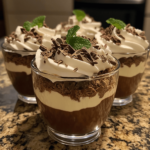 Baileys Chocolate Mint Pudding Parfaits layered in clear glasses, featuring creamy chocolate pudding, mint, crushed cookies, and whipped cream topped with mint chocolate shavings.