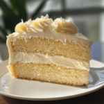 Vanilla Pastry Cake with a soft, golden crumb, topped with a glossy vanilla glaze and adorned with elegant sprinkles, displayed on a cake stand.