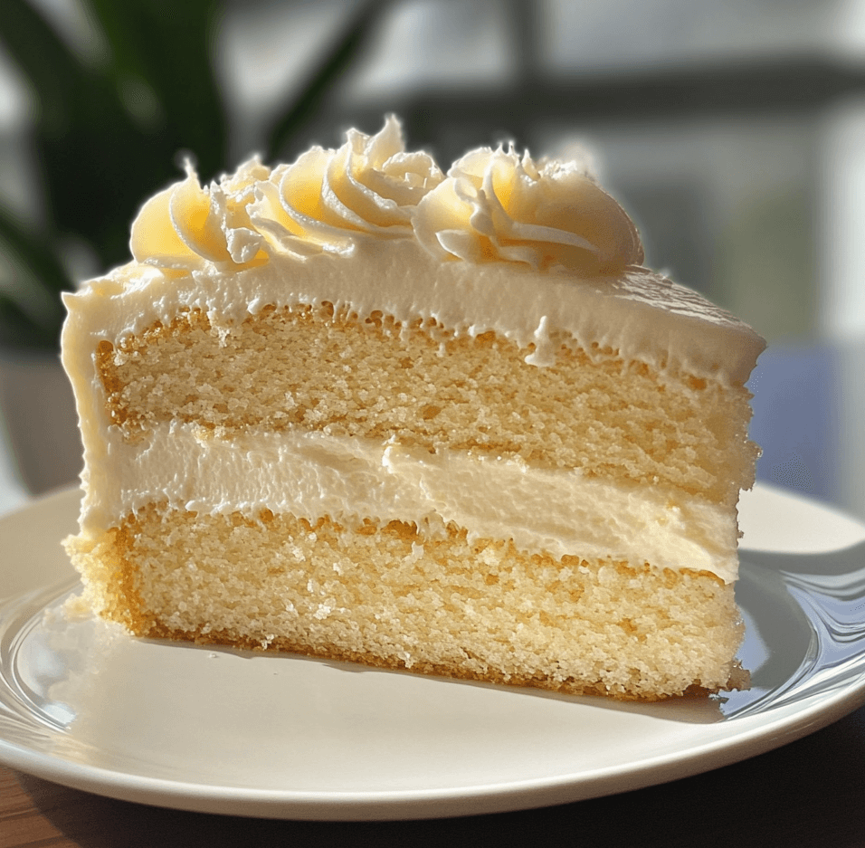 Vanilla Pastry Cake with a soft, golden crumb, topped with a glossy vanilla glaze and adorned with elegant sprinkles, displayed on a cake stand.