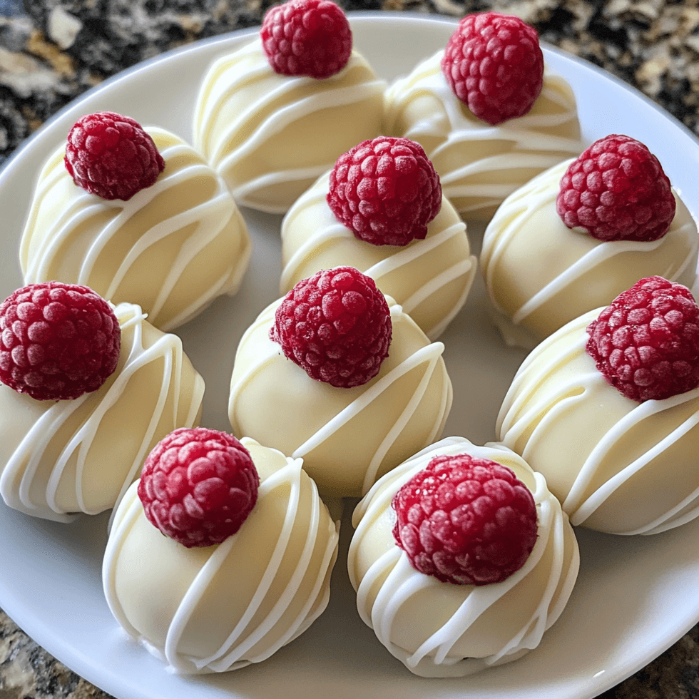 White Chocolate Raspberry Cheesecake Balls coated in glossy white chocolate, garnished with freeze-dried raspberries, and arranged on a elegant serving plate.