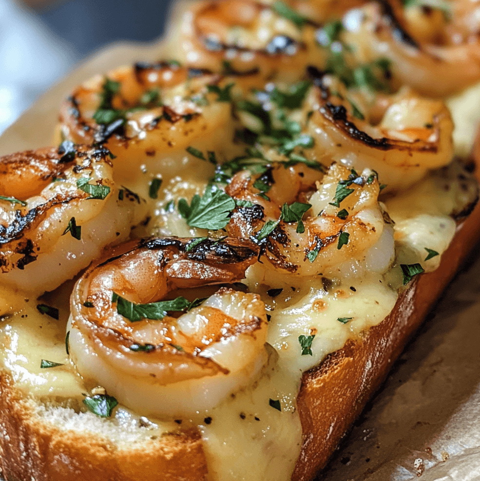 Cheesy Garlic Bread topped with grilled shrimp, melted cheese, and a sprinkle of fresh parsley, served on a wooden board for a rustic presentation.