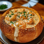 Stuffed Seafood Soup Bread Bowl with creamy seafood soup overflowing from a crispy bread bowl, topped with melted cheese and fresh herbs for garnish.