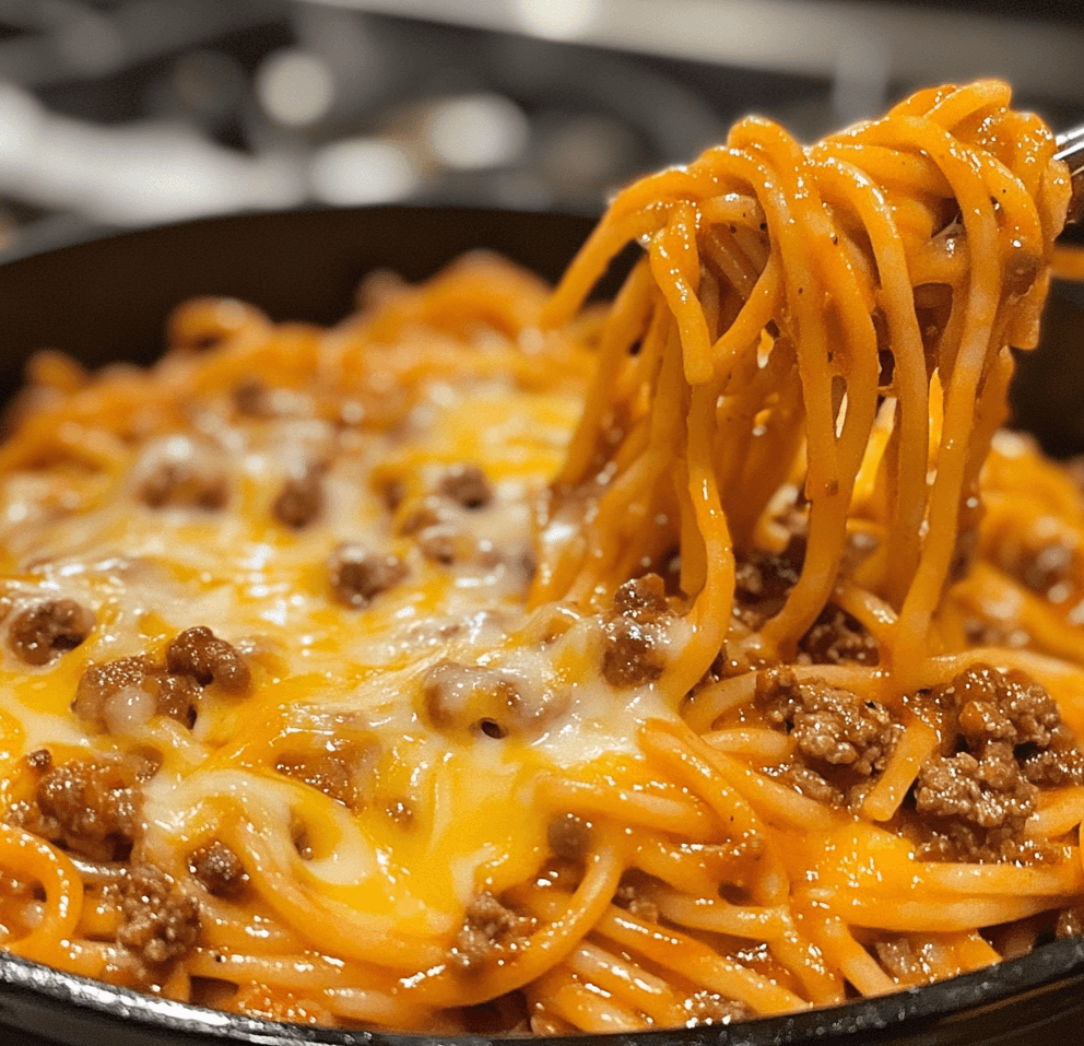 Cheesy Corned Beef Spaghetti served in a bowl, showcasing creamy sauce, tender noodles, and savory corned beef, garnished with parsley for a fresh touch.