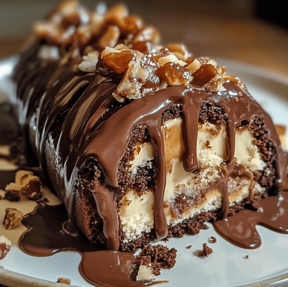 Gooey Chocolate Caramel Turtle Cake Roll with a swirl of caramel filling, topped with melted chocolate, chopped pecans, and a caramel drizzle on a serving plate.