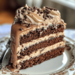 Slice of Mochaccino Cake with rich chocolate layers, coffee-infused frosting, and a drizzle of chocolate sauce, garnished with coffee beans for an elegant touch.